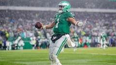 PHILADELPHIA, PENNSYLVANIA - NOVEMBER 26: Jalen Hurts #1 of the Philadelphia Eagles reacts after scoring the game winning touchdown in overtime against the Buffalo Bills at Lincoln Financial Field on November 26, 2023 in Philadelphia, Pennsylvania.   Tim Nwachukwu/Getty Images/AFP (Photo by Tim Nwachukwu / GETTY IMAGES NORTH AMERICA / Getty Images via AFP)