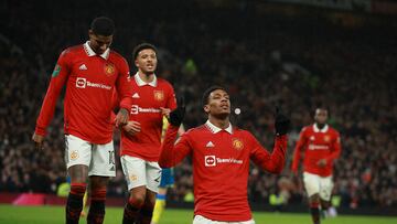 Soccer Football - Carabao Cup - Semi Final - Second Leg - Manchester United v Nottingham Forest - Old Trafford, Manchester, Britain - February 1, 2023 Manchester United's Anthony Martial celebrates scoring their first goal with Marcus Rashford REUTERS/Phil Noble EDITORIAL USE ONLY. No use with unauthorized audio, video, data, fixture lists, club/league logos or 'live' services. Online in-match use limited to 75 images, no video emulation. No use in betting, games or single club /league/player publications.  Please contact your account representative for further details.