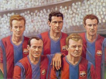 "El huracán" de Las Corts formada por Basora, César, Kubala, Moreno y Manchón. La llegada de Ladislao Kubala al Barcelona en 1951 iba a suponer el comienzo de una etapa triunfal para el cuadro catalán. con este quinteto ofensivo el Barcelona consiguió dos dobletes consecutivos, en 1952 y 1953.