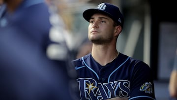 Aug 2, 2023; Bronx, New York, USA; Tampa Bay Rays starting pitcher Shane McClanahan (18) reacts in the dugout during the fourth inning against the New York Yankees at Yankee Stadium. Mandatory Credit: Brad Penner-USA TODAY Sports