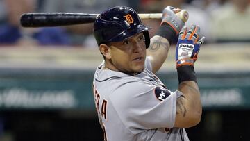 Detroit Tigers&#039; Miguel Cabrera watches his RBI single off Cleveland Indians starting pitcher Carlos Carrasco during the sixth inning of a baseball game, Friday, July 7, 2017, in Cleveland. (AP Photo/Tony Dejak)