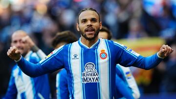 Martin Braithwaite celebra el primer gol en el partido de LaLiga entre Espanyol y Betis.