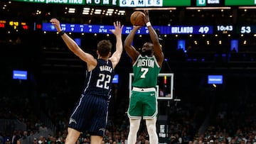 Boston Celtics guard Jaylen Brown (7) shoots over Orlando Magic forward Franz Wagner (22) during the second half of game two of the first round of the 2024 NBA Playoffs at TD Garden.
