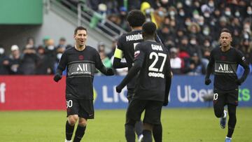 Marquinhos of PSG celebrates his goal with Lionel Messi (left), Neymar Jr (right) during the French championship Ligue 1 football match between AS Saint-Etienne (ASSE) and Paris Saint-Germain (PSG) on November 28, 2021 at Stade Geoffroy Guichard in Saint-