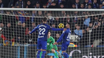 Getafe's Spanish defender #16 Diego Rico attempts to score during the Spanish league football match between Getafe CF and FC Barcelona at the Coliseum Alfonso Perez stadium in Getafe on January 18, 2025. (Photo by Thomas COEX / AFP)