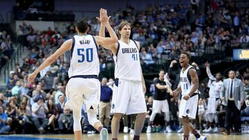 DALLAS, TX - FEBRUARY 01: Salah Mejri #50 of the Dallas Mavericks celebrates with Dirk Nowitzki #41 of the Dallas Mavericks after scoring against the Philadelphia 76ers in the second half at American Airlines Center on February 1, 2017 in Dallas, Texas. NOTE TO USER: User expressly acknowledges and agrees that, by downloading and or using this photograph, User is consenting to the terms and conditions of the Getty Images License Agreement. Tom Pennington/Getty Images/AFP
== FOR NEWSPAPERS, INTERNET, TELCOS & TELEVISION USE ONLY ==