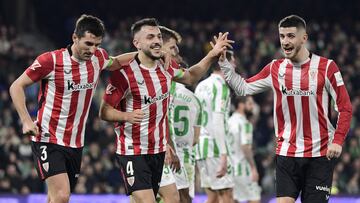Athletic Bilbao's Spanish defender #04 Aitor Paredes celebrates scoring his team's first goal during the Spanish league football match between Real Betis and Athletic Club Bilbao at the Benito Villamarin stadium in Seville on February 2, 2025. (Photo by CRISTINA QUICLER / AFP)