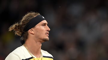 Germany's Alexander Zverev looks on during his men's singles quarter final match against Australia's Alex De Minaur on Court Philippe-Chatrier on day eleven of the French Open tennis tournament at the Roland Garros Complex in Paris on June 5, 2024. (Photo by Bertrand GUAY / AFP)