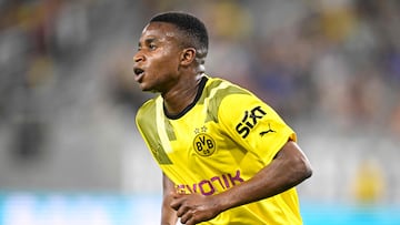 SAN DIEGO, CA - JULY 27: Youssoufa Moukoko #18 of Borussia Dortmund reacts after scoring during a friendly match against the San Diego Loyal July 27, 2023 at Snapdragon Stadium in San Diego, California. Denis Poroy/Getty Images/AFP (Photo by DENIS POROY / GETTY IMAGES NORTH AMERICA / Getty Images via AFP)