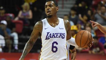 Xavier Rathan-Mayes #6 of the Los Angeles Lakers brings the ball up the court against the Detroit Pistons during a quarterfinal game of the 2018 NBA Summer League at the Thomas & Mack Center on July 15, 2018 in Las Vegas, Nevada. The Lakers defeated the Pistons 101-78.