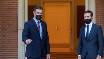 Spanish Prime Minister, Pedro Sanchez (L), welcomes opposition People's Party (PP) leader, Pablo Casado, prior their meeting at the Moncloa Palace in Madrid, Spain, 02 September 2020. Sanchez and Casado analyzed the challenges to confront the economic and social impact as consequence of the coronavirus pandemic during their meeting, included in Sanchez's round of negotiations to gain support for the approval of the next general budget. EFE/Fernando Villar POOL