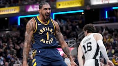 INDIANAPOLIS, INDIANA - NOVEMBER 06: Obi Toppin #1 of the Indiana Pacers reacts after dunking the ball in the third quarter against the San Antonio Spurs at Gainbridge Fieldhouse on November 06, 2023 in Indianapolis, Indiana. NOTE TO USER: User expressly acknowledges and agrees that, by downloading and or using this photograph, User is consenting to the terms and conditions of the Getty Images License Agreement.   Dylan Buell/Getty Images/AFP (Photo by Dylan Buell / GETTY IMAGES NORTH AMERICA / Getty Images via AFP)