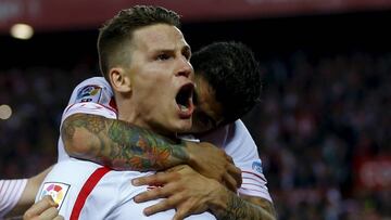Sevilla's Kevin Gameiro celebrates after scoring against Celta Vigo.