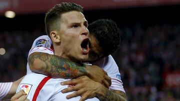 Sevilla&#039;s Kevin Gameiro celebrates after scoring against Celta Vigo. 