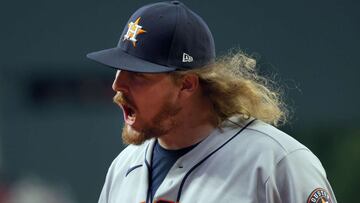 ATLANTA, GEORGIA - OCTOBER 31: Ryne Stanek #45 of the Houston Astros celebrates after retiring the side against the Atlanta Braves during the seventh inning in Game Five of the World Series at Truist Park on October 31, 2021 in Atlanta, Georgia.   Kevin C