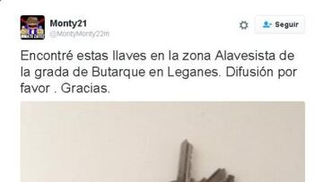Imagen de las llaves perdidas por un seguidor del Alavés en las gradas de Butarque.
