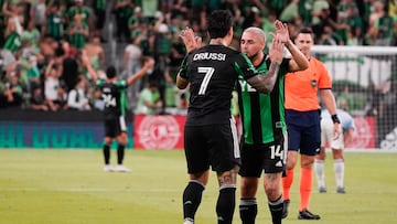 Oct 23, 2022; Austin, Texas, US; Austin FC forward Sebastián Driussi (7) celebrates a goal with forward Diego Fagúndez (14) against FC Dallas during the first half of a conference semifinal of the Audi 2022 MLS Cup Playoffs at Q2 Stadium. Mandatory Credit: Scott Wachter-USA TODAY Sports