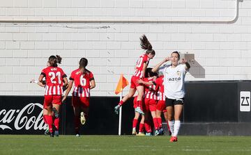 Las jugadoras del Athletic celebran el gol de Pinedo al Valencia en la Liga F.