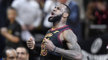 Apr 25, 2018; Cleveland, OH, USA; Cleveland Cavaliers forward LeBron James (23) celebrates his game-winning three-point basket in the fourth quarter against the Indiana Pacers in game five of the first round of the 2018 NBA Playoffs at Quicken Loans Arena. Mandatory Credit: David Richard-USA TODAY Sports