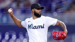 MIAMI, FLORIDA - MAY 02: Sandy Alcantara #22 of the Miami Marlins delivers a pitch against the Atlanta Braves during the first inning at loanDepot park on May 02, 2023 in Miami, Florida.   Megan Briggs/Getty Images/AFP (Photo by Megan Briggs / GETTY IMAGES NORTH AMERICA / Getty Images via AFP)