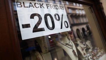 Black friday sign is seen in a store window in Krakow, Poland.