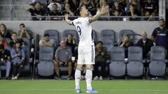 Los Angeles Galaxy&#039;s Zlatan Ibrahimovic (9) celebrates after scoring against Los Angeles FC during the first half of an MLS soccer match Sunday, Aug. 25, 2019, in Los Angeles. (AP Photo/Marcio Jose Sanchez)
