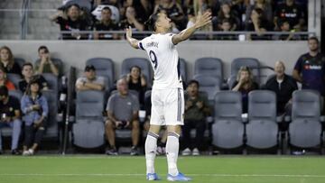 Los Angeles Galaxy&#039;s Zlatan Ibrahimovic (9) celebrates after scoring against Los Angeles FC during the first half of an MLS soccer match Sunday, Aug. 25, 2019, in Los Angeles. (AP Photo/Marcio Jose Sanchez)