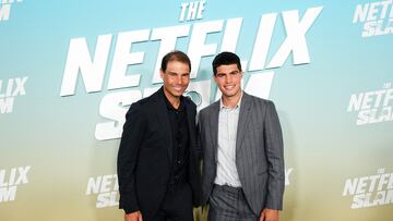 LAS VEGAS, NEVADA - MARCH 02: (L-R) Rafael Nadal and Carlos Alcaraz attend The Netflix Slam media availability event at Mandalay Bay Resort and Casino on March 02, 2024 in Las Vegas, Nevada.   Chris Unger/Getty Images/AFP (Photo by Chris Unger / GETTY IMAGES NORTH AMERICA / Getty Images via AFP)