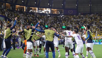 Ain's players celebrate their goal during the AFC Champions League football match between Saudi Arabia's Al-Nassr and UAE's Al-Ain at Al-Awal Park Stadium in Riyadh on March 11, 2024. (Photo by Fayez NURELDINE / AFP)