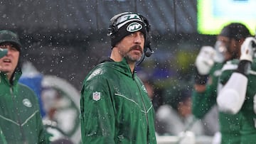 EAST RUTHERFORD, NEW JERSEY - DECEMBER 10: Aaron Rodgers #8 of the New York Jets looks on during the first half in the game against the Houston Texans at MetLife Stadium on December 10, 2023 in East Rutherford, New Jersey. Al Bello/Getty Images/AFP (Photo by AL BELLO / GETTY IMAGES NORTH AMERICA / Getty Images via AFP)