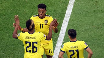 Soccer Football - FIFA World Cup Qatar 2022 - Group A - Qatar v Ecuador - Al Bayt Stadium, Al Khor, Qatar - November 20, 2022 Ecuador's Kevin Rodriguez comes on as a substitute to replace Michael Estrada REUTERS/Molly Darlington