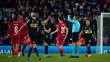 Referee Antonio Miguel Mateu Lahoz shows a red card to Inter Milan's Alexis Sanchez during the UEFA Champions League round of sixteen second leg match at Anfield, Liverpool. Picture date: Tuesday March 8, 2022. (Photo by Peter Byrne/PA Images via Getty Images)