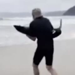 Un surfista carga un tiburón en brazos y lo devuelve al mar