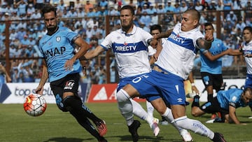 Futbol, Iquique vs Universidad Catolica.  Campeonato Apertura 2015-2016.  El jugador de Universidad Catolica, Nicolas Castillo derecha, juega el balÃ³n contra Iquique durante el partido de primera divisiÃ³n disputado en el estadio Cavancha.  Iquique, Chil