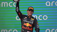 Red Bull Racing's Dutch driver Max Verstappen celebrates on the podium after winning the Formula One United States Grand Prix, at the Circuit of the Americas in Austin, Texas, on October 23, 2022. (Photo by Patrick T. FALLON / AFP) (Photo by PATRICK T. FALLON/AFP via Getty Images)