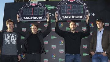 MADRID, SPAIN - DECEMBER 20:  (L-R) Julio Salinas, Gaizka Mendieta, Fernando Sanz and Fernando Morientes attend TAG Heuer presentation at the El Corte Ingles San Chinarro store on December 20, 2017 in Madrid, Spain.  (Photo by Carlos Alvarez/Getty Images)