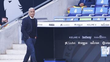 BARCELONA, SPAIN - MAY 02: Sergio Pellicer, head coach of Malaga CF follows the match during the Liga Smartbank match betwen RCD Espanyol de Barcelona and Malaga CF at RCDE Stadium on May 02, 2021 in Barcelona, Spain. Sporting stadiums around Spain remain