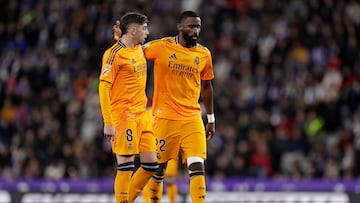 VALLADOLID, SPAIN - JANUARY 25: (L-R) Federico Valverde of Real Madrid, Antonio Rudiger of Real Madrid during the LaLiga EA Sports match between Real Valladolid v Real Madrid at the Estadio Nuevo Jose Zorrilla on January 25, 2025 in Valladolid Spain (Photo by Maria Gracia Jimenez/Soccrates/Getty Images)