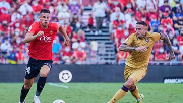 MALLORCA, SPAIN - OCTOBER 02: Martin Valjent of RCD Mallorca and Roger Marti of Levante UD competes for the ball during the La Liga Santander match between RCD Mallorca and Levante UD at Estadio de Son Moix on October 02, 2021 in Mallorca, Spain. (Photo b
