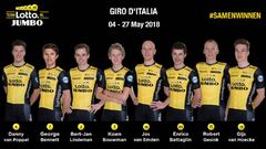 Imagen de los ocho ciclistas del Lotto-NL Jumbo para el Giro de Italia con George Bennett como l&iacute;der.