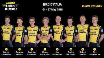 Imagen de los ocho ciclistas del Lotto-NL Jumbo para el Giro de Italia con George Bennett como l&iacute;der.