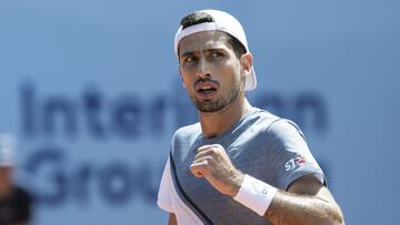 Gstaad (Switzerland Schweiz Suisse), 22/07/2023.- Pedro Cachin of Argentina reacts against Hamad Medjedovic of Serbia during their semi final game at the Swiss Open tennis tournament in Gstaad, Switzerland, 22 July 2023. (Tenis, Suiza) EFE/EPA/PETER SCHNEIDER
