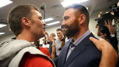 (073017 Foxboro, MA) Rob Nikovitch gets a hug from Tom Brady after announcing his retirement from the New England Patriots during a press conference at Gillette Stadium in Foxboro on Sunday, July 30, 2017.  Staff Photo by Nancy Lane