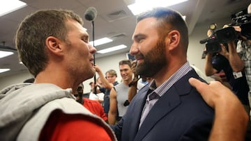 (073017 Foxboro, MA) Rob Nikovitch gets a hug from Tom Brady after announcing his retirement from the New England Patriots during a press conference at Gillette Stadium in Foxboro on Sunday, July 30, 2017. Staff Photo by Nancy Lane