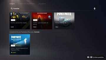 Encontramos el Pack de Celebraci&oacute;n de PlayStation Plus buscando &quot;Fortnite&quot; en el cuadro de b&uacute;squeda de la PlayStation Store 