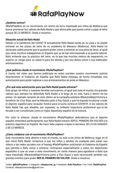 Los niños de Mallorca piden al Gobierno que deje entrenar a Nadal