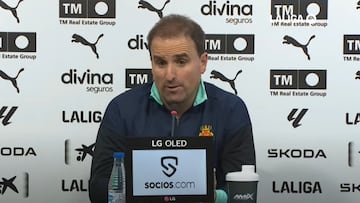 El entrenador del RCD Mallorca, Jagoba Arrasate, en la rueda de prensa de Mestalla posterior a la derrota por 1-0 ante el Valencia.