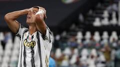 FILE - In this Friday, Aug. 7, 2020 file photo Juventus&#039; Cristiano Ronaldo reacts during the Champions League round of 16 second leg, soccer match between Juventus and Lyon at the Allianz stadium in Turin, Italy. The Portuguese soccer federation says