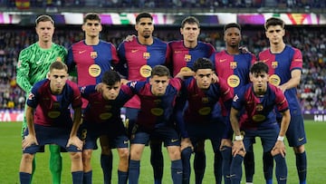 Barcelona players pose for a team photo before the Spanish league football match between Real Valladolid FC and FC Barcelona at the Jose Zorrilla stadium in Valladolid on May 3, 2025. (Photo by CESAR MANSO / AFP)
