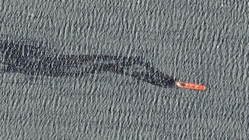 A satellite image shows the Belize-flagged and UK-owned cargo ship Rubymar, which was attacked by Yemen's Houthis, according to the U.S. military's Central Command, before it sank, on the Red Sea, March 1, 2024.  Maxar Technologies/Handout via REUTERS    THIS IMAGE HAS BEEN SUPPLIED BY A THIRD PARTY. NO RESALES. NO ARCHIVES. MANDATORY CREDIT. DO NOT OBSCURE LOGO